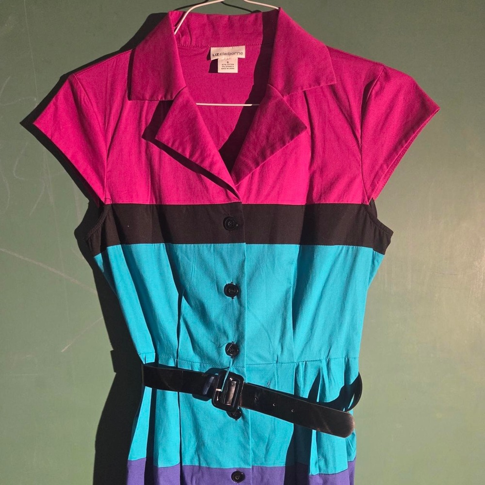 Liz Claiborne Vintage 80s Mod Color Block Belted Dress Pink Blue Purple Sz 6